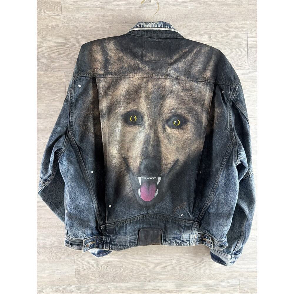 Edwin Denim Jacket Tokyo Japan Style Size L Custom Wolf Bedazzled Painted Unique